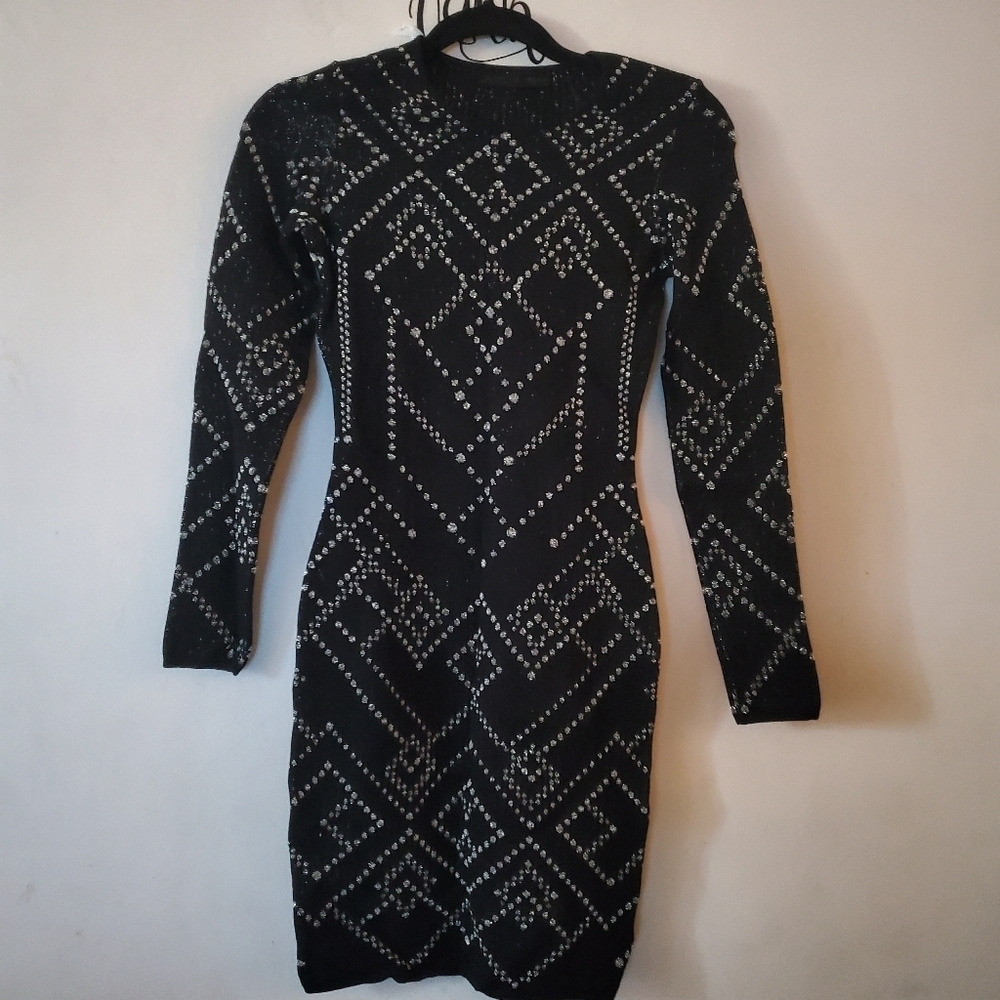 RVN Black Studded Mini Dress XS Jacquard Lurex Long Sleeve Bodycon Party Dress